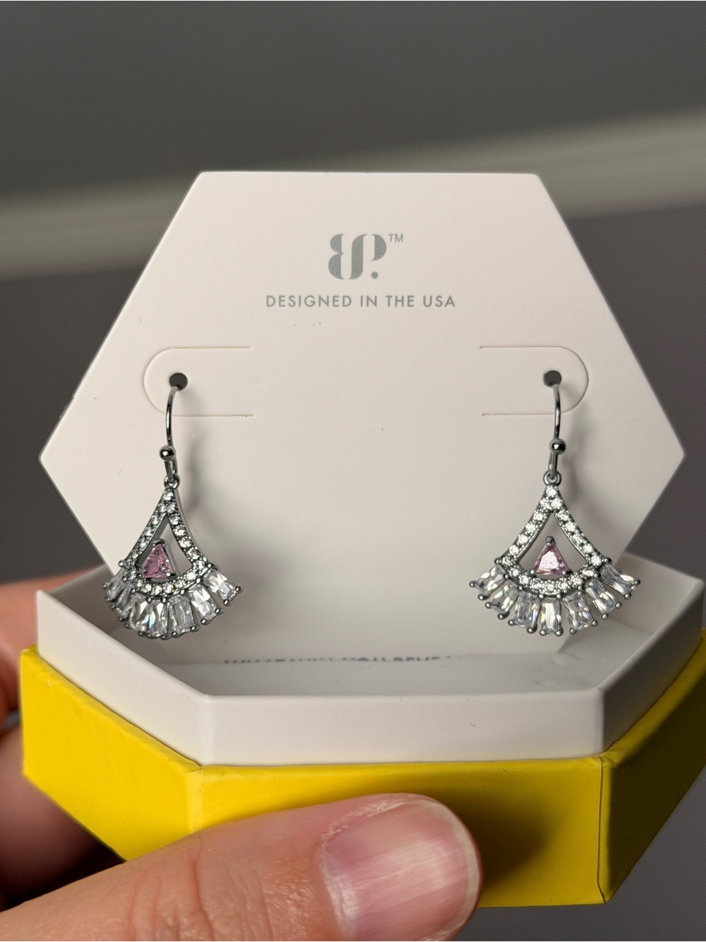 bp Pink Crystal Fan Drop Earrings with Clear Accents